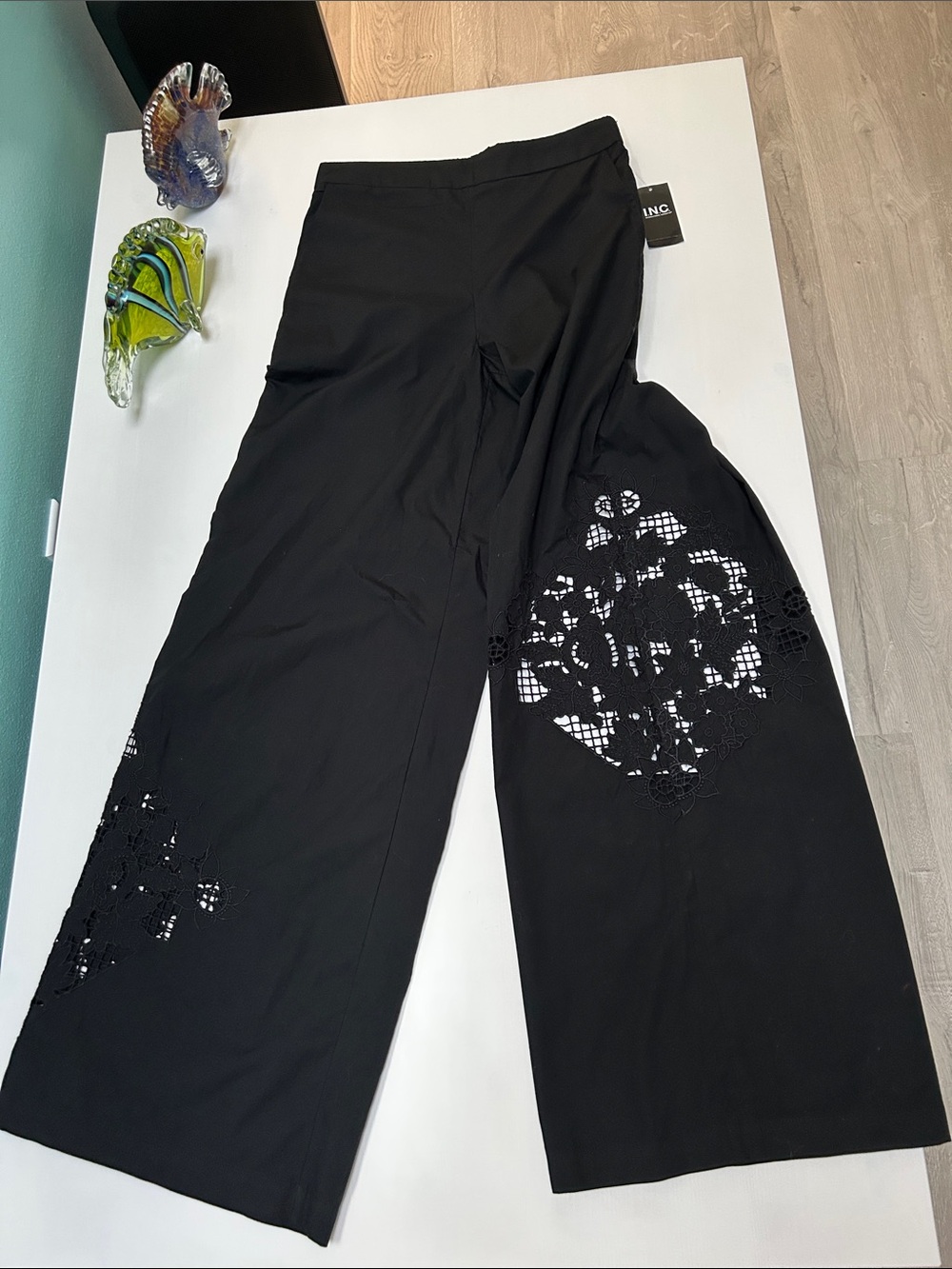 I.N.C. Black Wide Leg Pants with Lace Cutout Detail